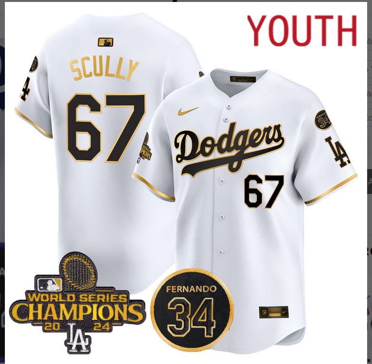 Youth MLB Los Angeles Dodgers 67 Scully white 2024 World Series Champions Patch Limited Jersey style 2